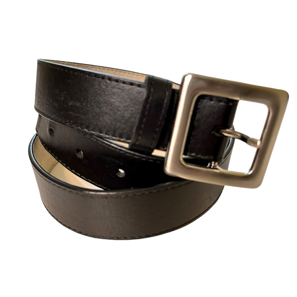 Mens Black Leather Belt Brushed Silver Tone Buckle 1 inch Width Size Medium